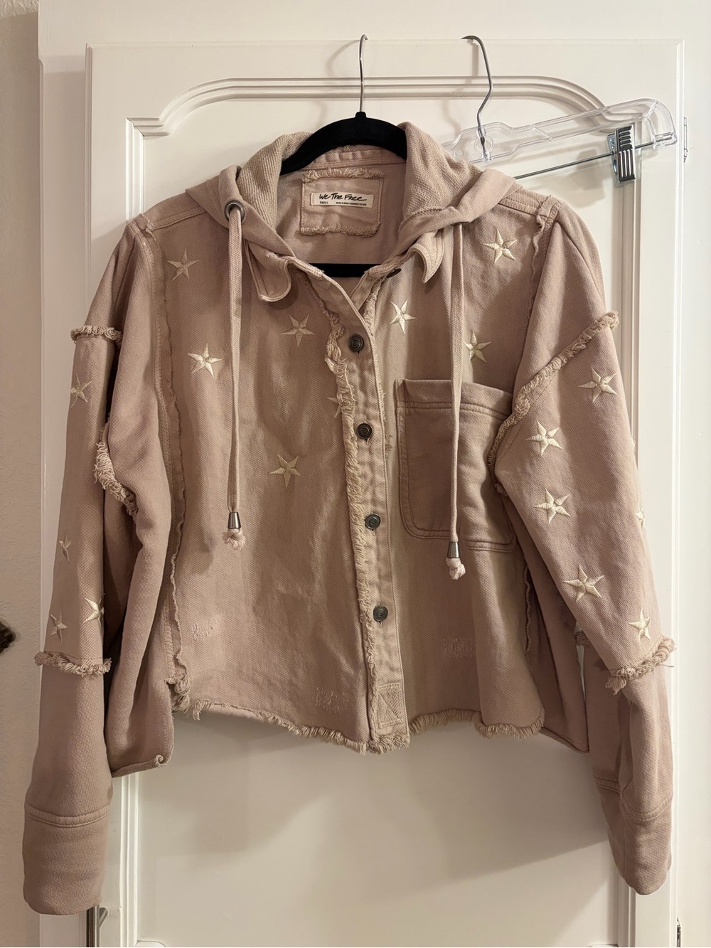 We The Free Beige Star-Embroidered Hooded Crop Jacket
